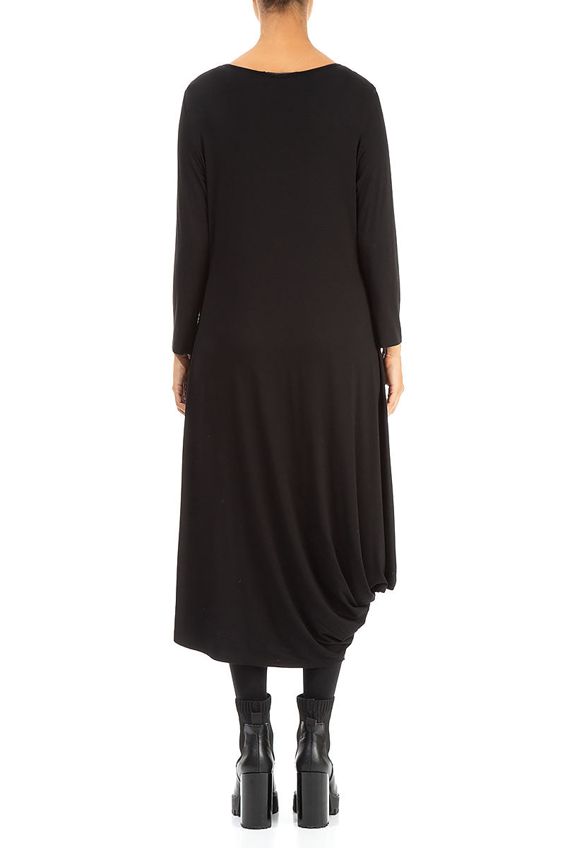 Draped Side Black Cotton Dress 2
