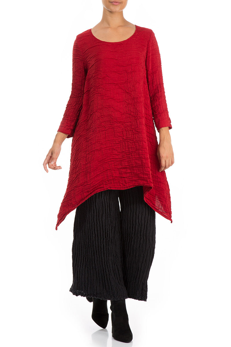 Dropped Edge Cherry Red Crinkled Silk Tunic