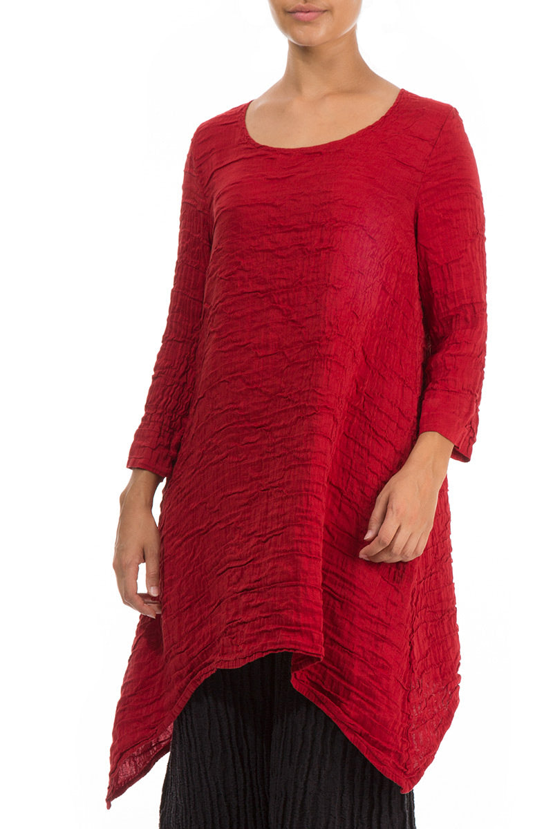 Dropped Edge Cherry Red Crinkled Silk Tunic
