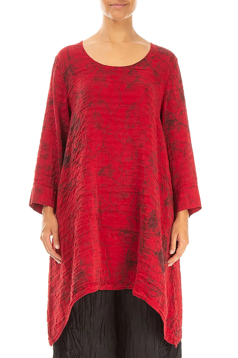 Dropped Edge Cherry Red Marble Crinkled Silk Tunic 1