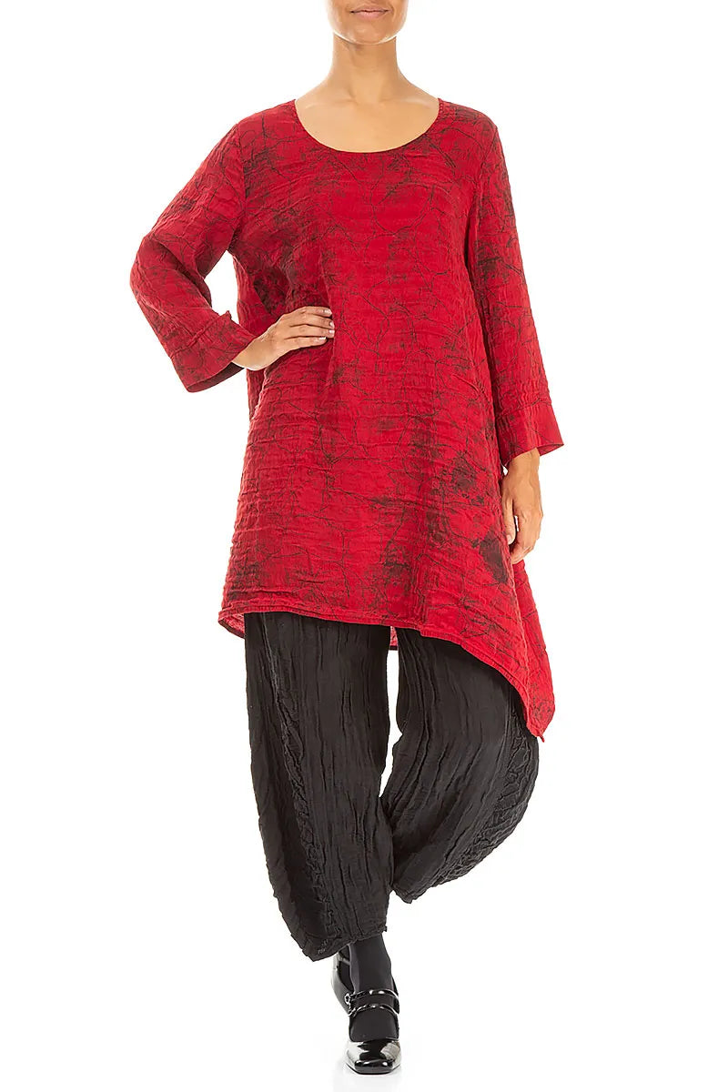 Dropped Edge Cherry Red Marble Crinkled Silk Tunic 4