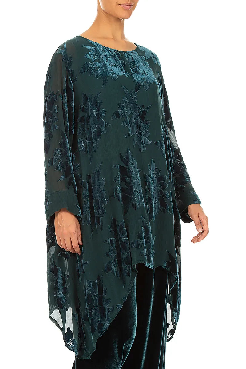 Dropped Edge Peacock Devoré Flower Silk Velvet Tunic