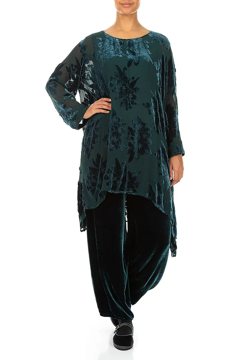 Dropped Edge Peacock Devoré Flower Silk Velvet Tunic