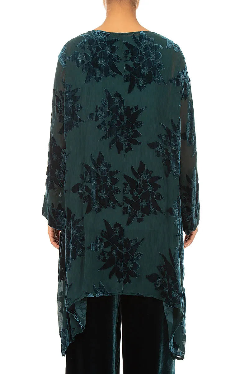 Dropped Edge Peacock Devoré Flower Silk Velvet Tunic