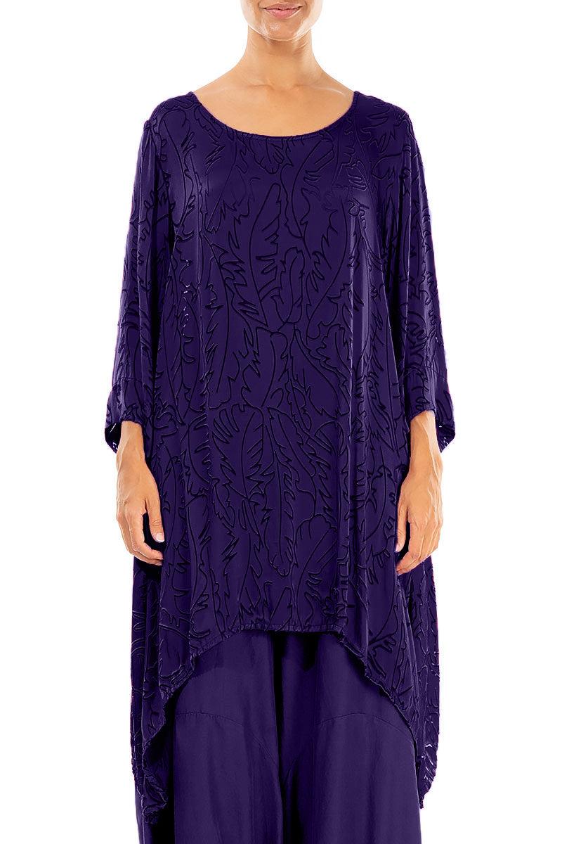 Dropped Edge Royal Purple Devoré Feather Silk Tunic 1