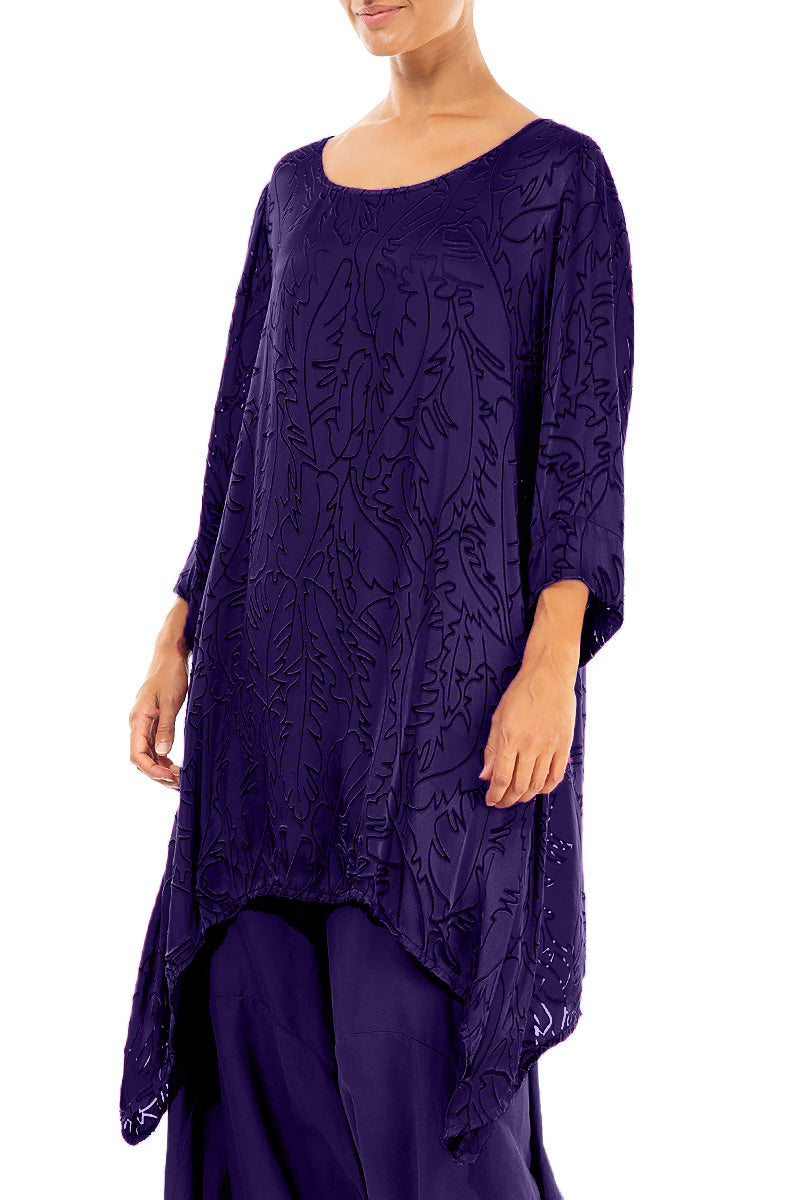 Dropped Edge Royal Purple Devoré Feather Silk Tunic 3