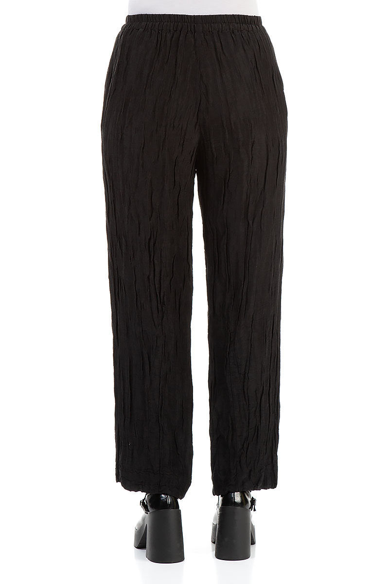 Elegant Straight Crinkled Black Silk Trousers 2