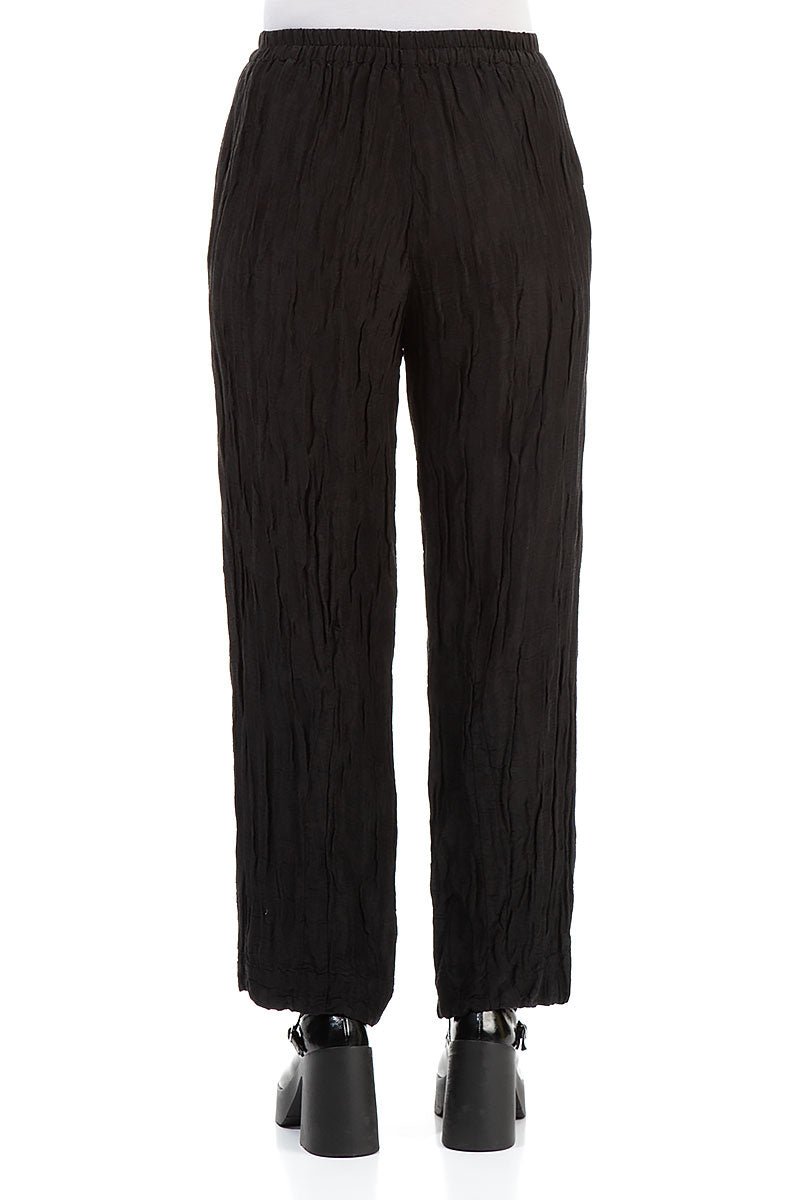 Elegant Crinkled Black Silk Trousers