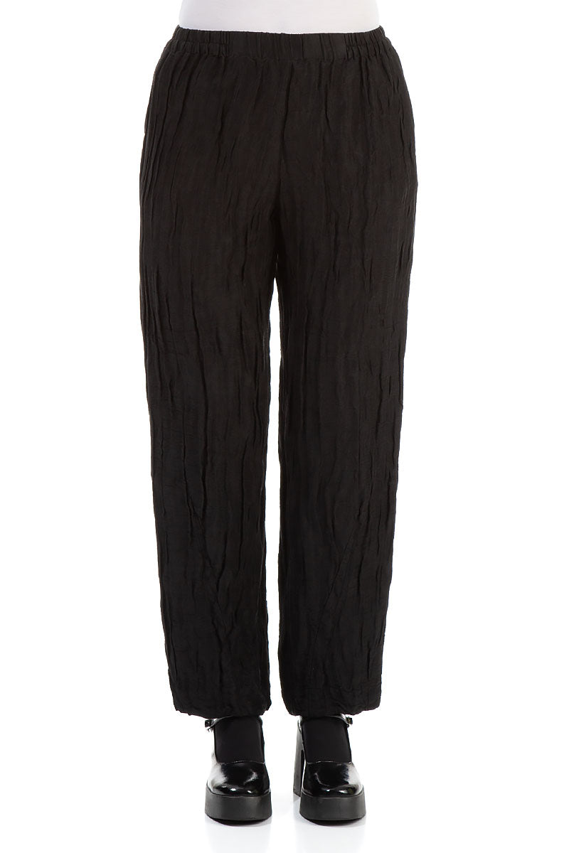 Elegant Straight Crinkled Black Silk Trousers 1