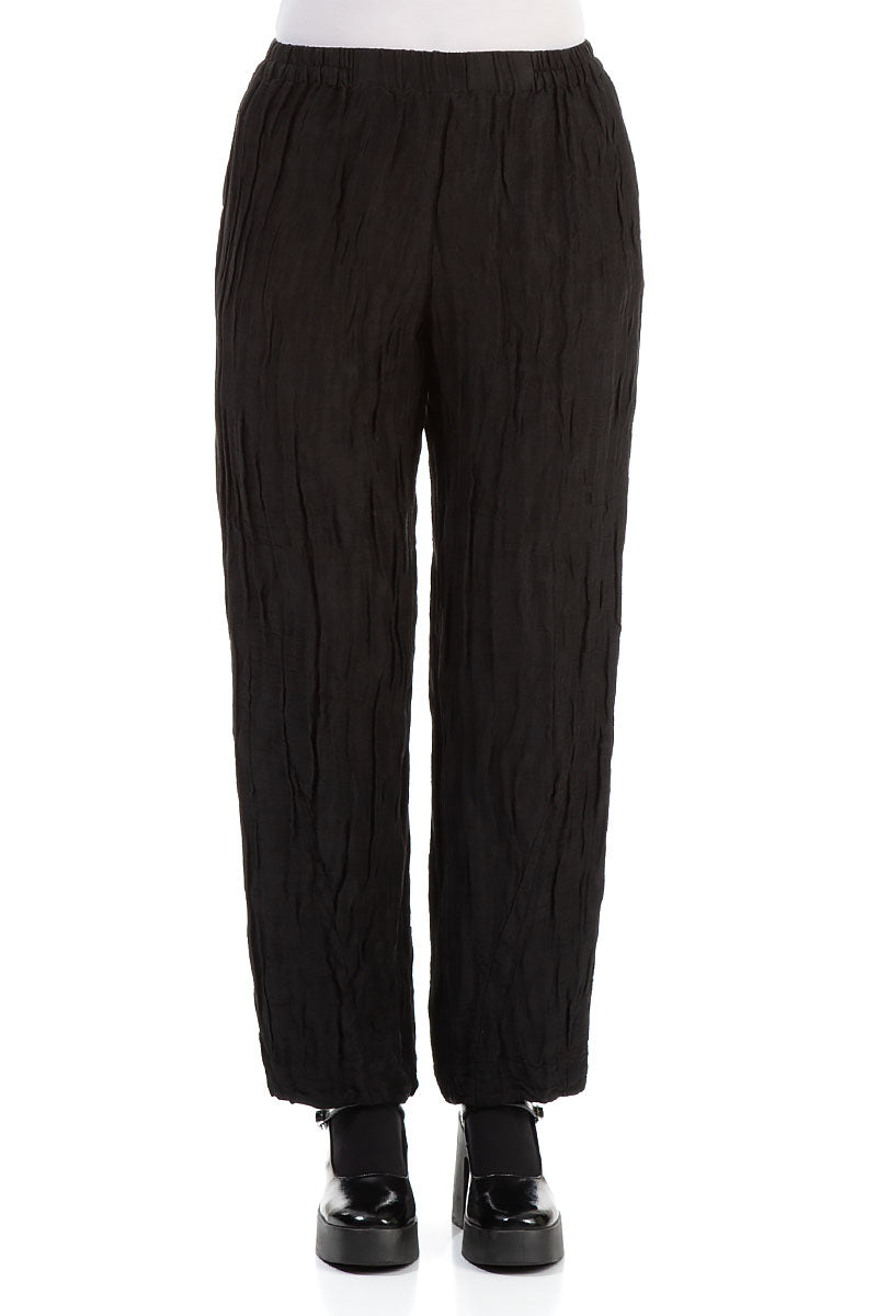 Elegant Crinkled Black Silk Trousers
