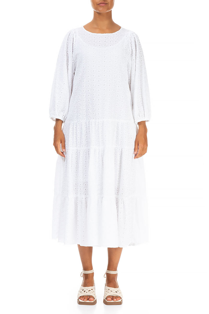 Embroidered Puff Sleeves White Cotton Dress
