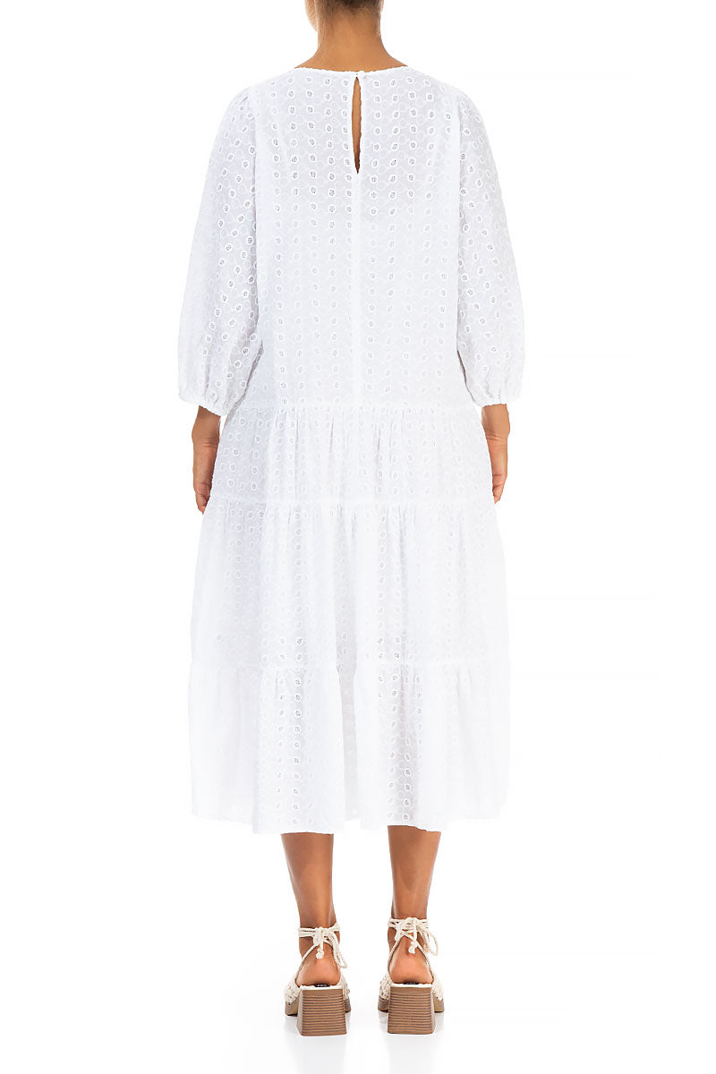 Embroidered Puff Sleeves White Cotton Dress