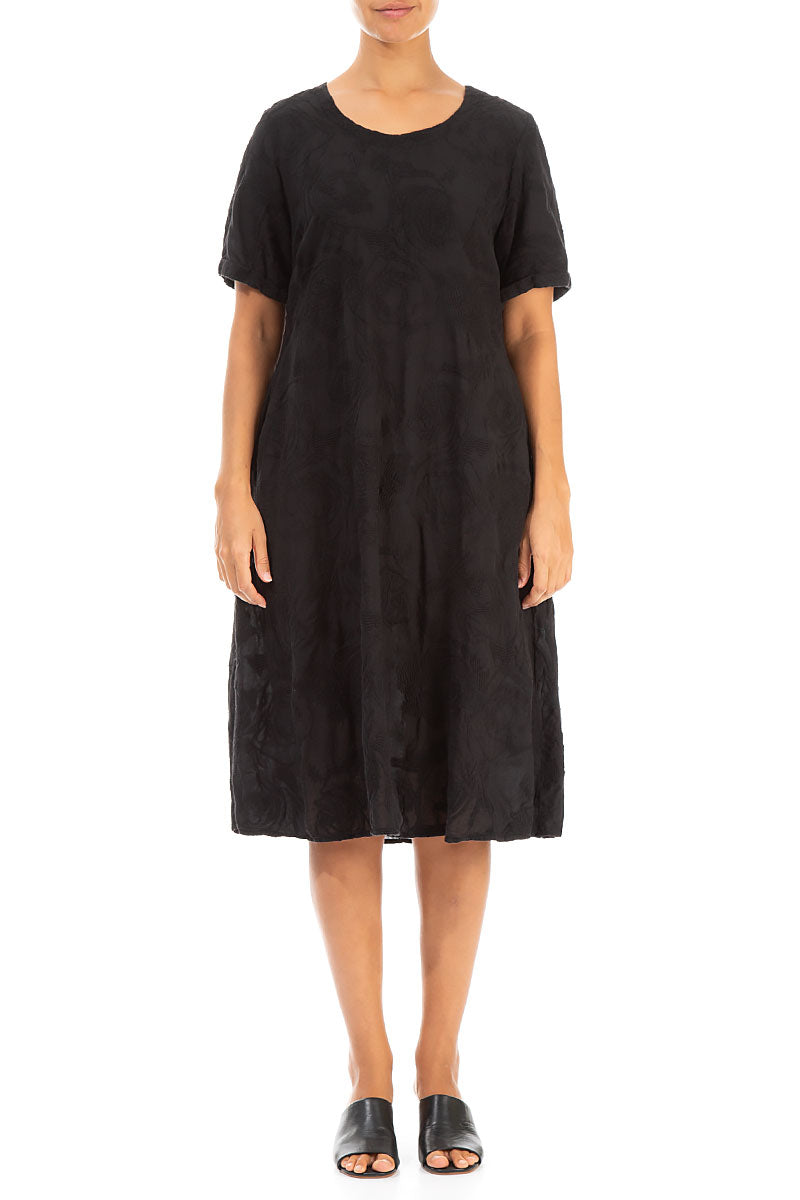 Embroidered Roses Black Cotton Shift Dress