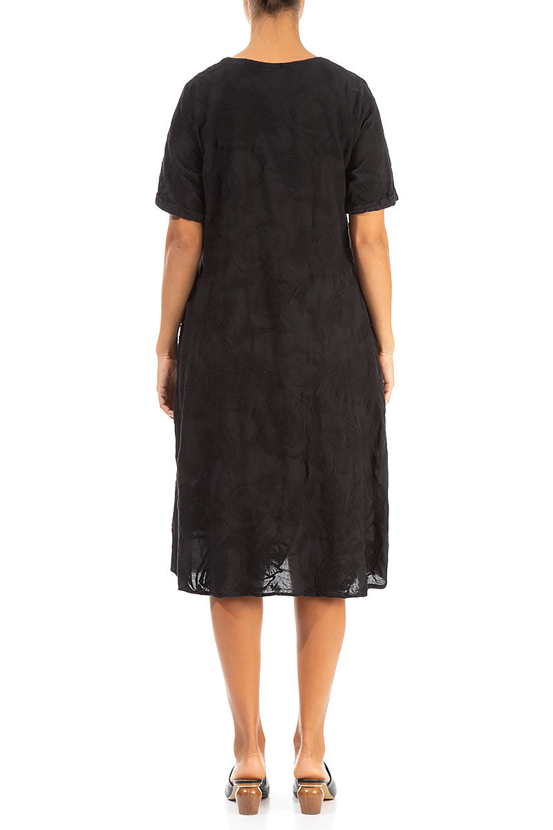Embroidered Roses Black Cotton Shift Dress
