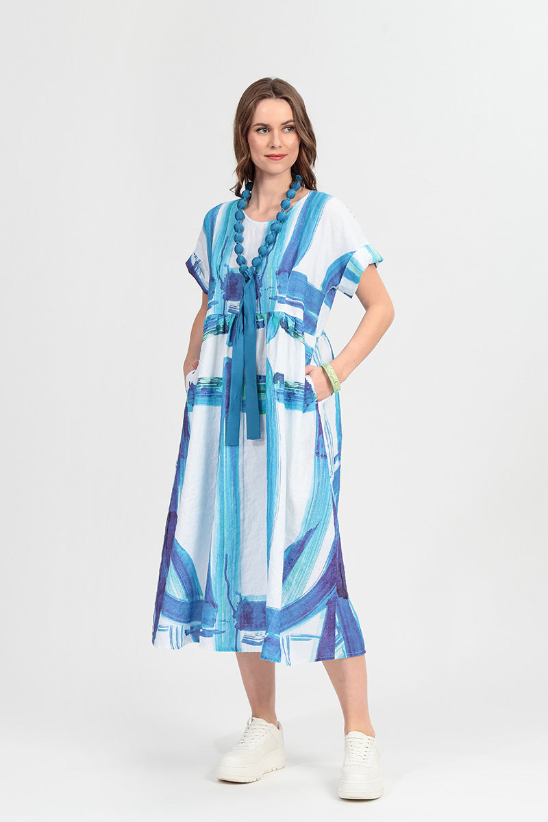 Empire Waist Blue Brushstroke Linen Dress L