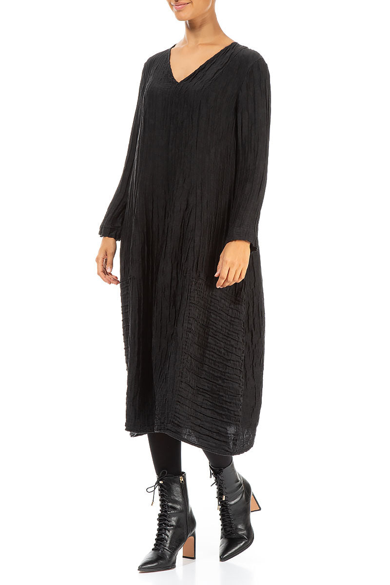 Long Sleeves V-neck Crinkled Black Silk Dress 4