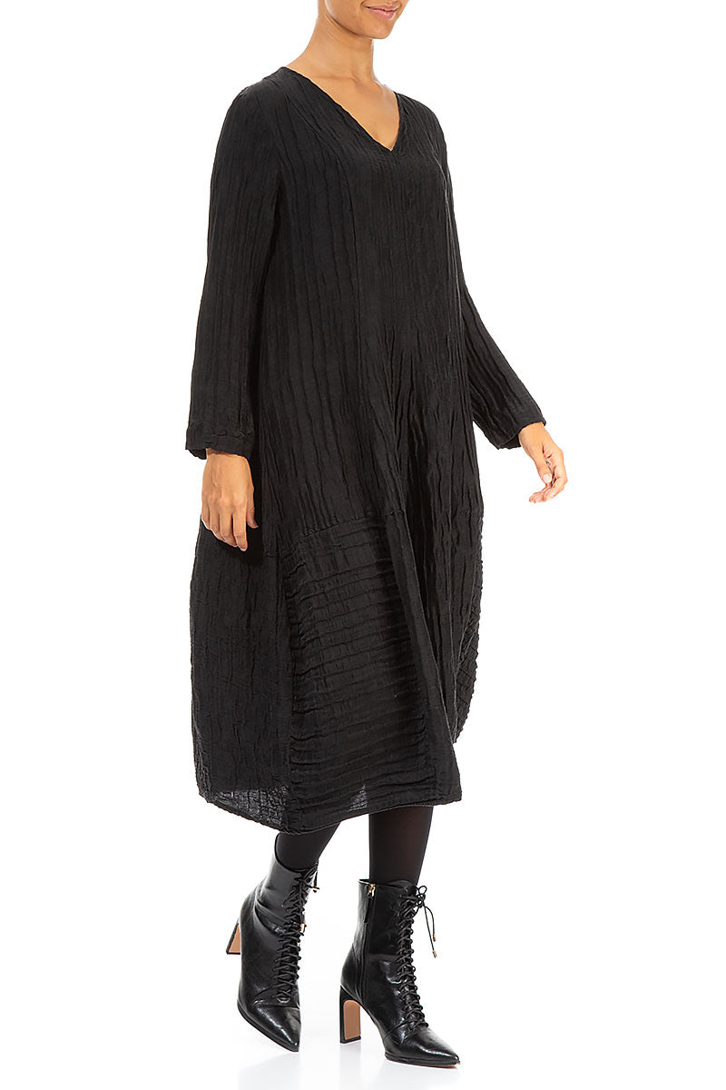 Long Sleeves V-neck Crinkled Black Silk Dress 3