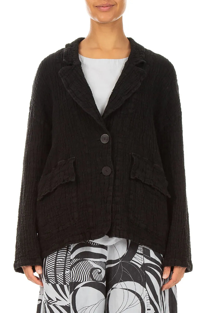 Flap Pocket Black Textured Linen Jacket