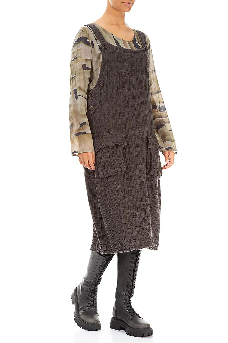 Flap Pocket Forest Brown Textured Linen Dungaree Dress 3