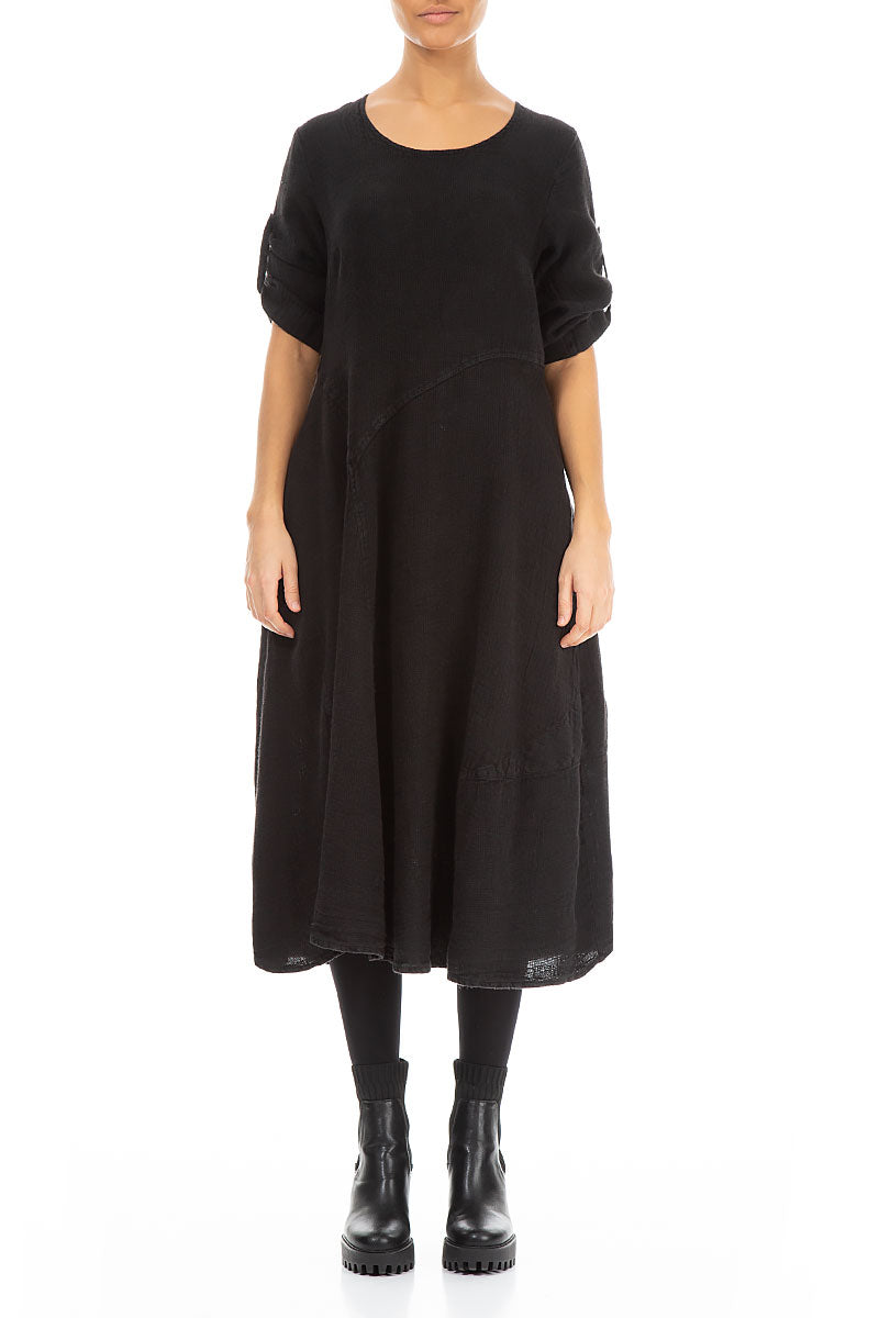 Flared A-Line Black Mélange Linen Dress 1