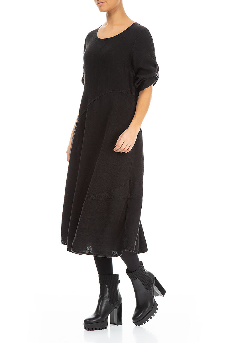 Flared A-Line Black Mélange Linen Dress 4
