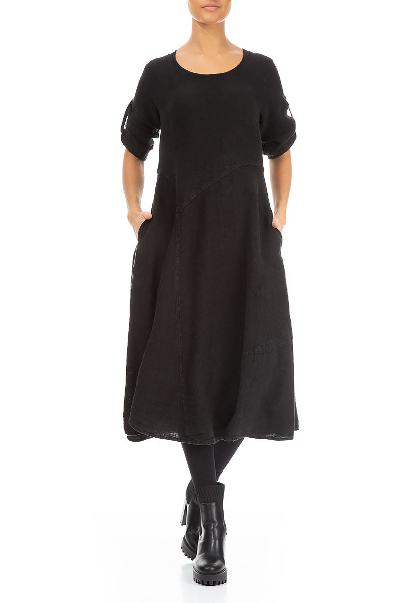 Flared A-Line Black Mélange Linen Dress 3