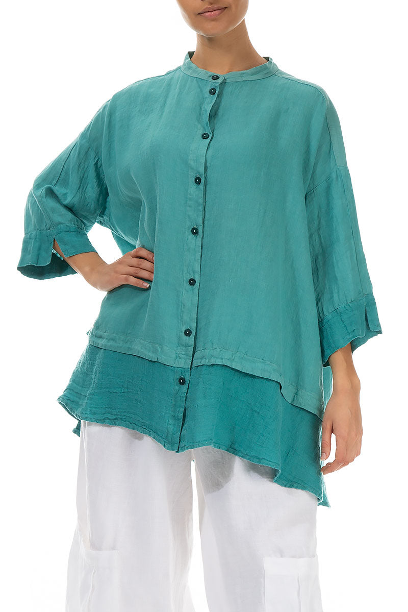 Flared Aqua Green Linen Shirt 3