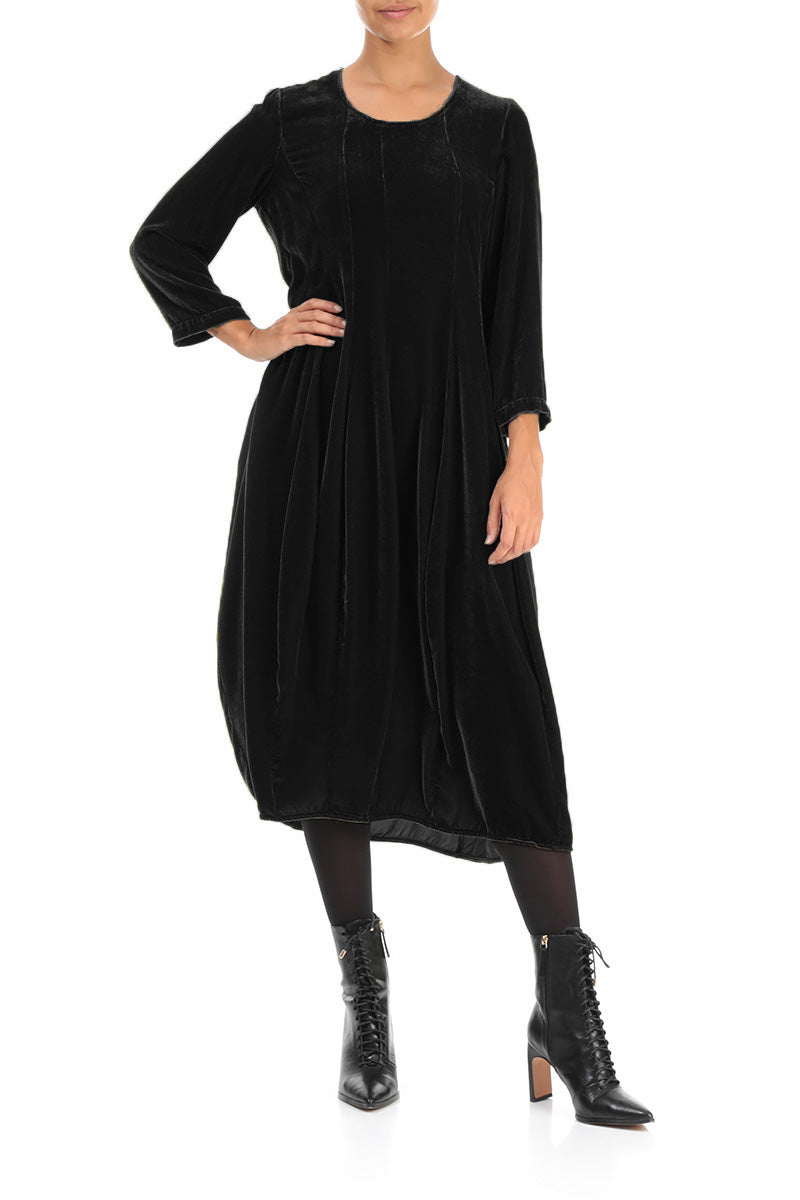 Flared Balloon Black Silk Velvet Dress 4
