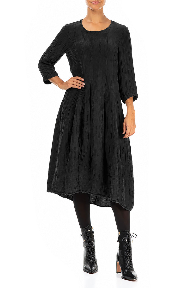 Flared Balloon Crinkled Black Silk Linen Dress 4