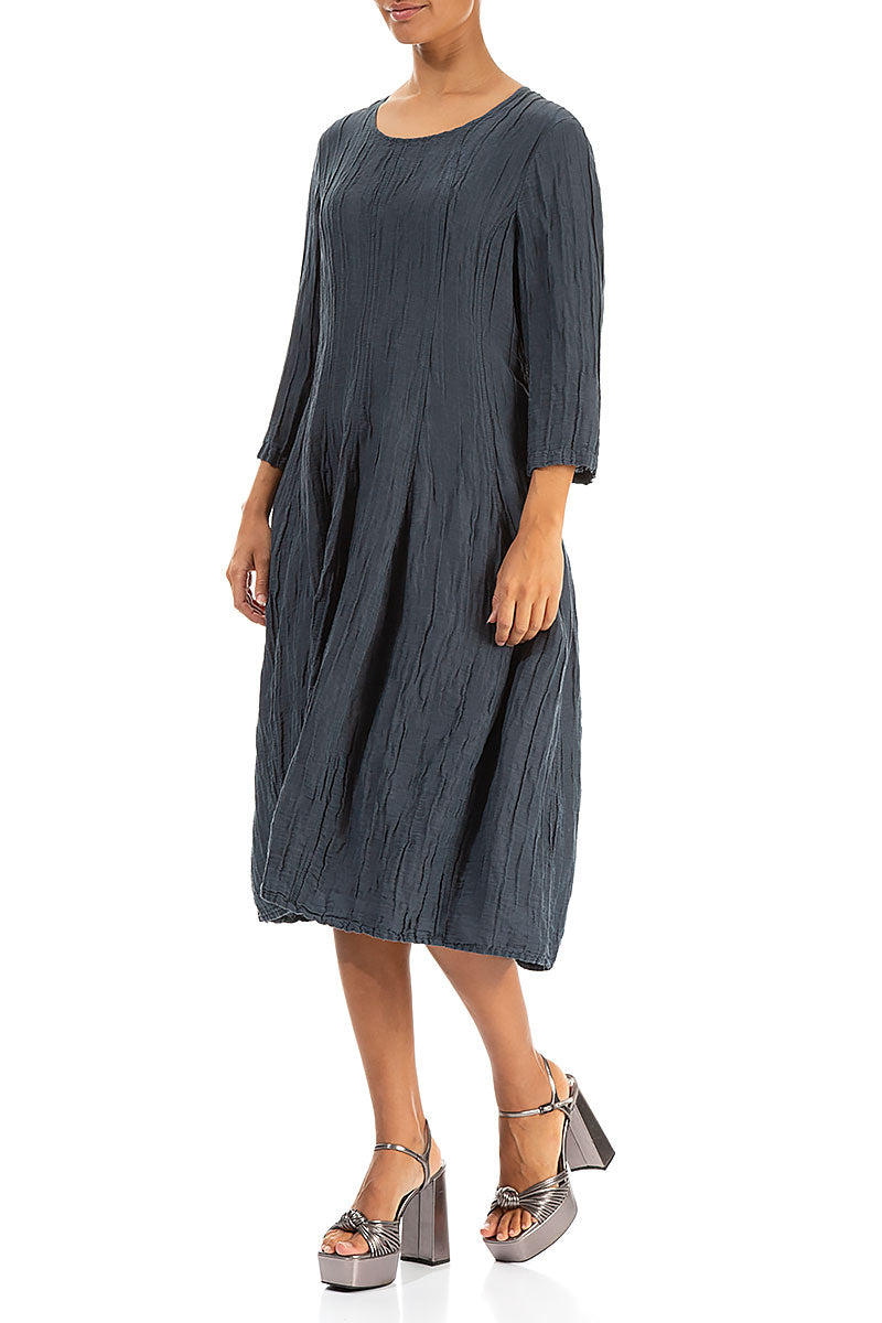 Flared Balloon Crinkled Graphite Silk Linen Dress 4