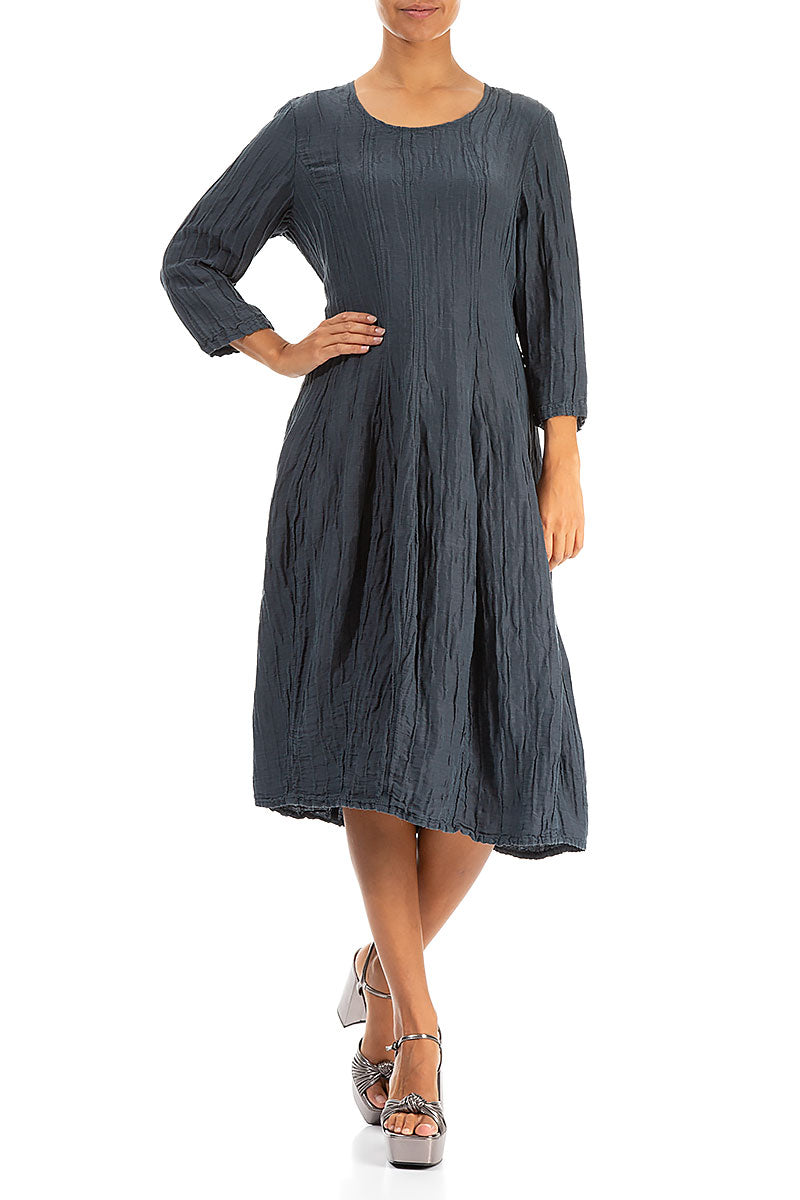 Flared Balloon Crinkled Graphite Silk Linen Dress 3