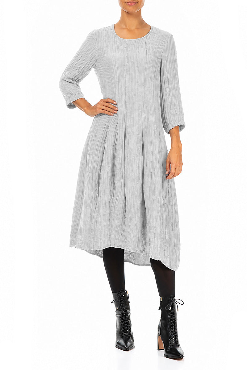 Flared Balloon Crinkled Pearl Grey Silk Dress