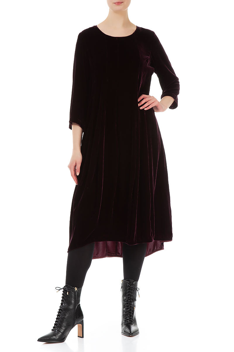 Flared Balloon Maroon Silk Velvet Dress 4