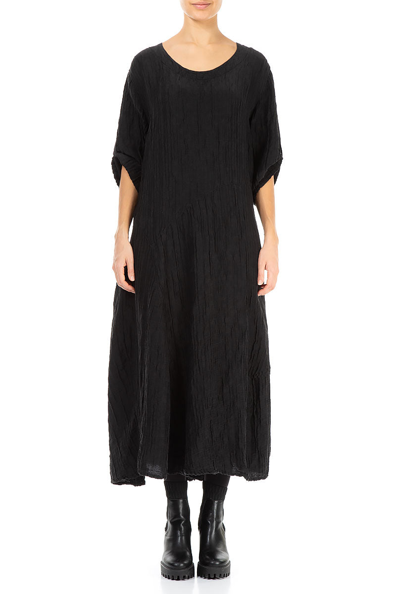 Flared Black Crinkled Silk Linen Dress