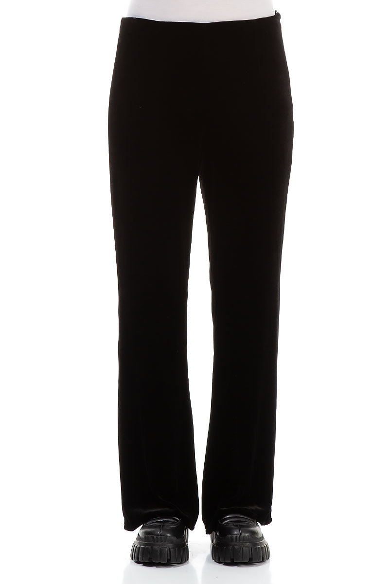 Flared Black Stretch Silk Velvet Trousers 1