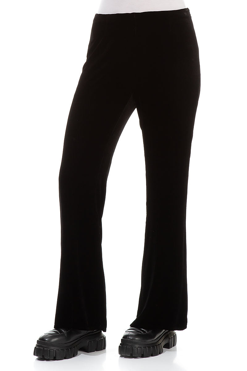 Flared Black Stretch Silk Velvet Trousers 3