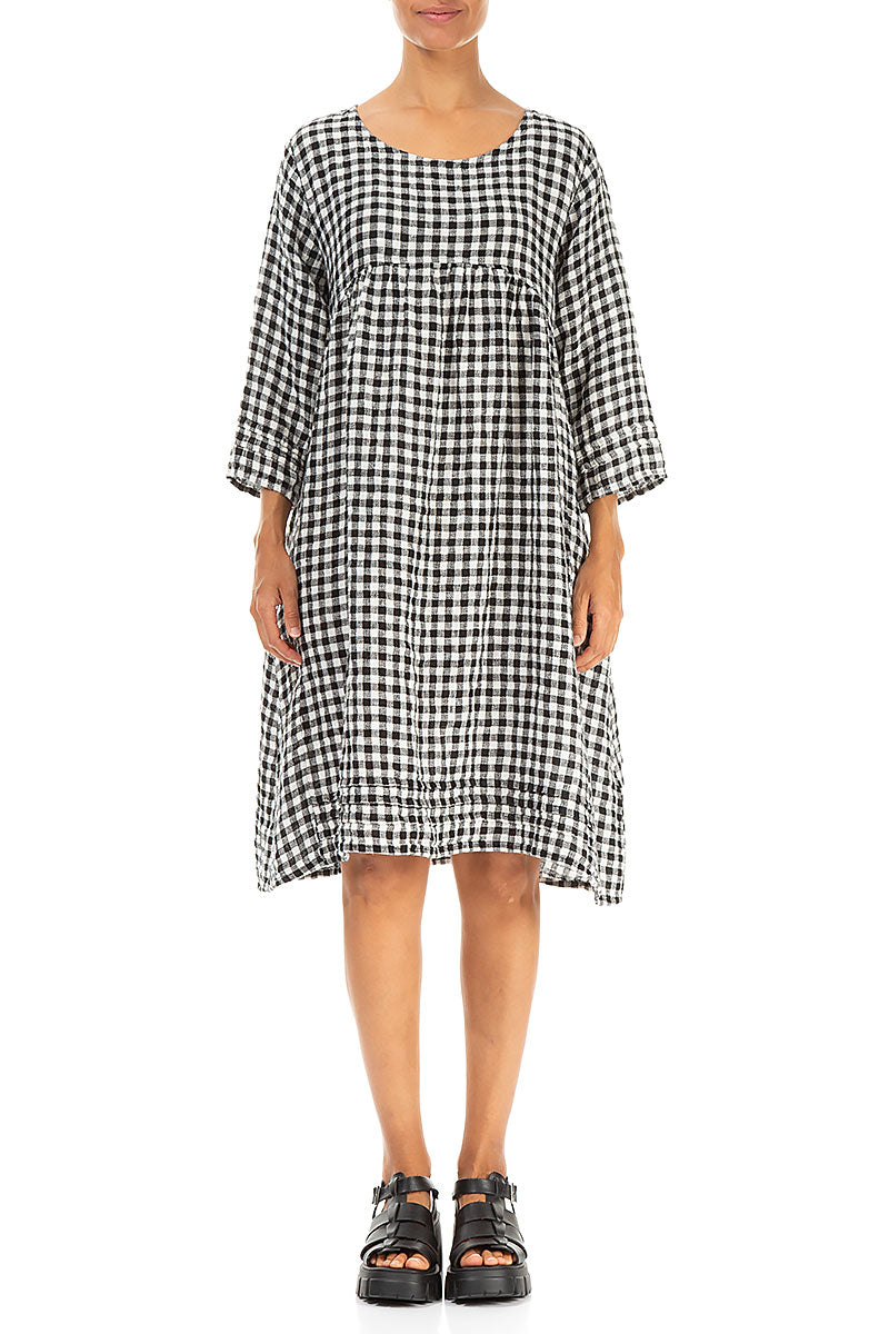 Flared Black & White Check Linen Dress L Flared Black & White Check Linen Dress L