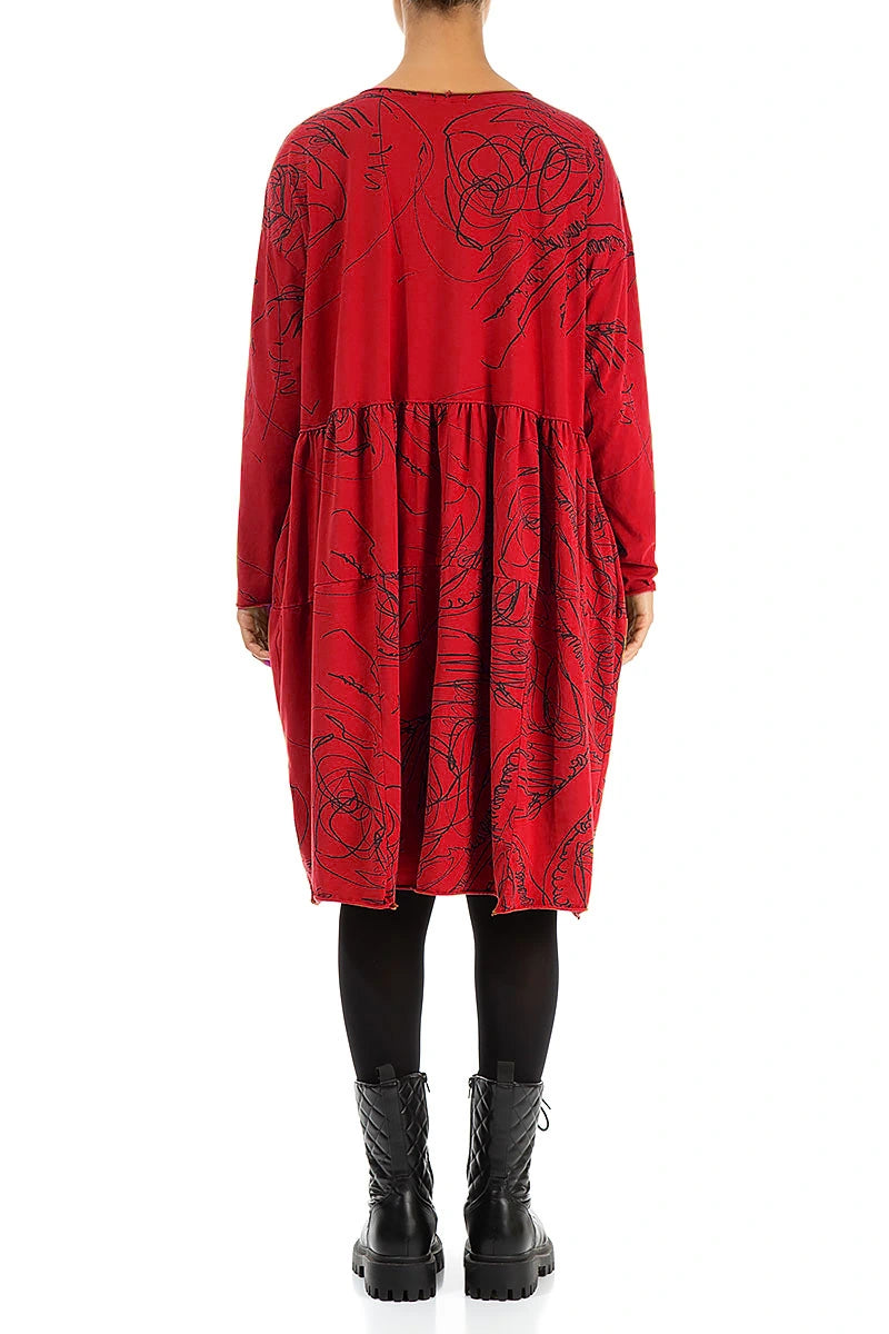 Flared Boxy Cherry Red Abstract Draw Cotton Dress 2
