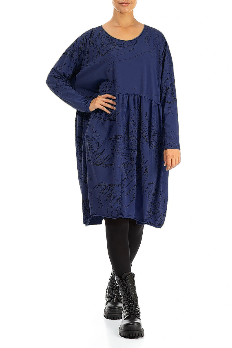 Flared Boxy Royal Blue Abstract Draw Cotton Dress 4