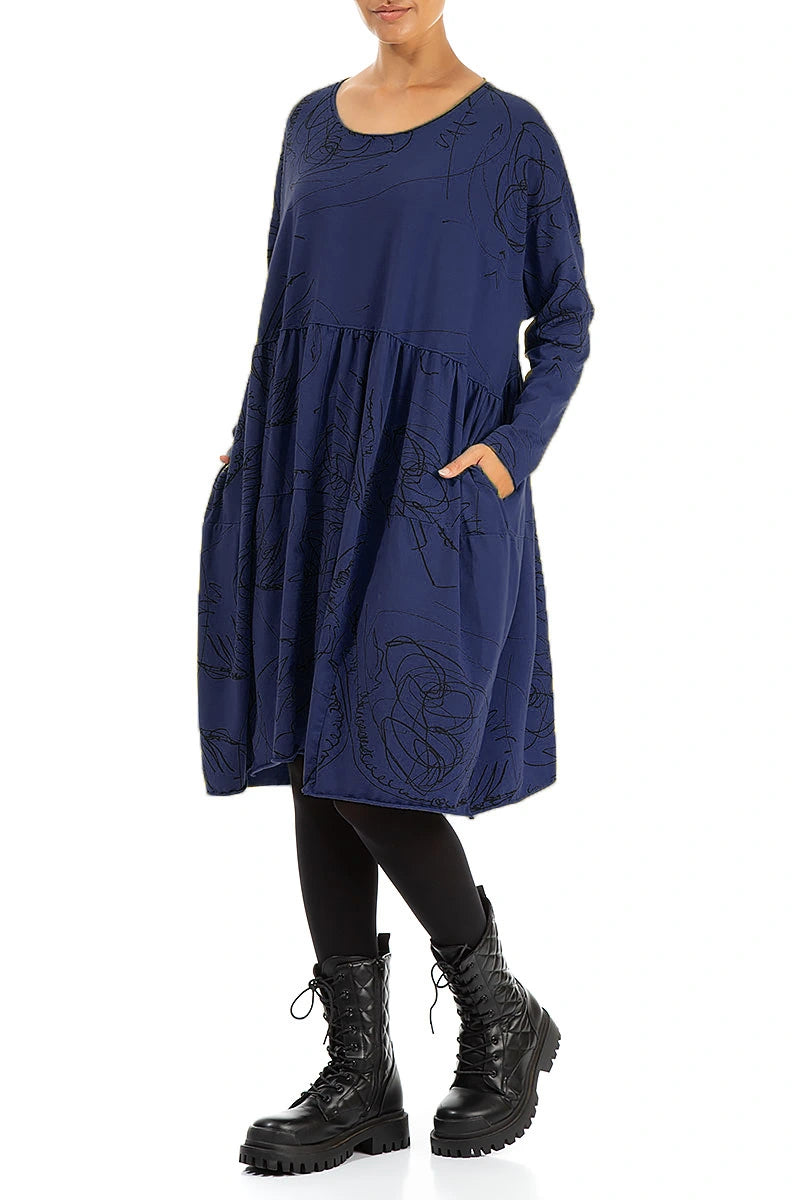 Flared Boxy Royal Blue Abstract Draw Cotton Dress 3