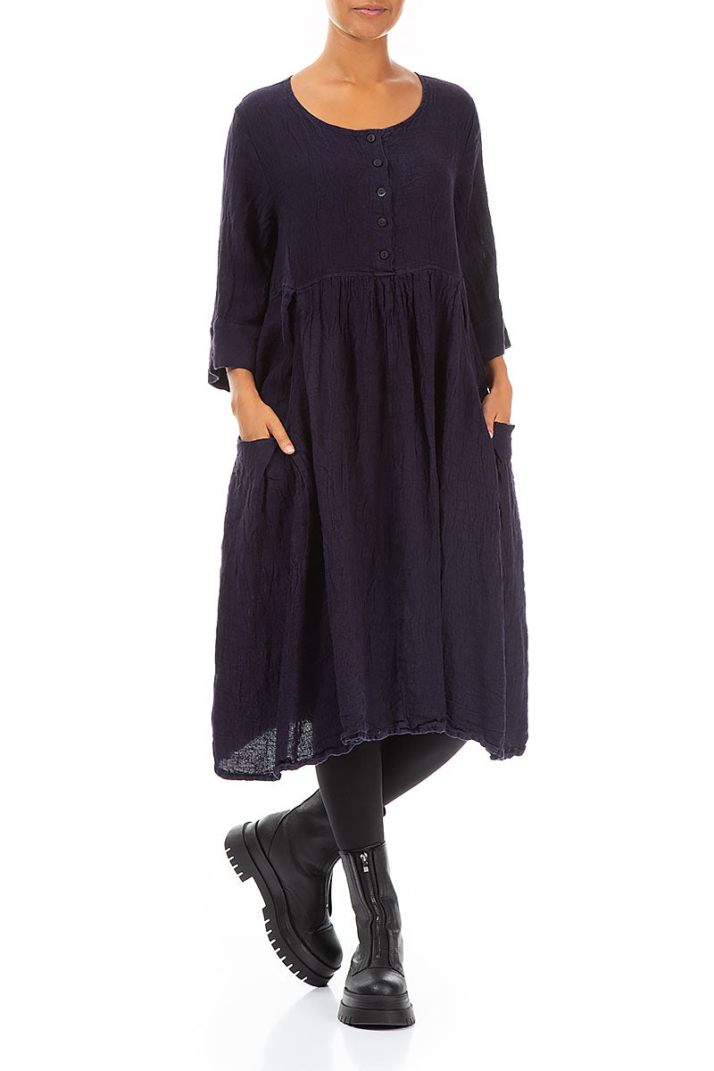 Flared Buttons Royal Purple Mélange Linen Dress 3