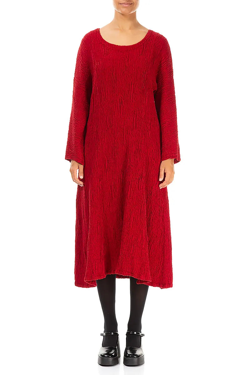 Flared Cherry Red Textured Silk Linen Dress –