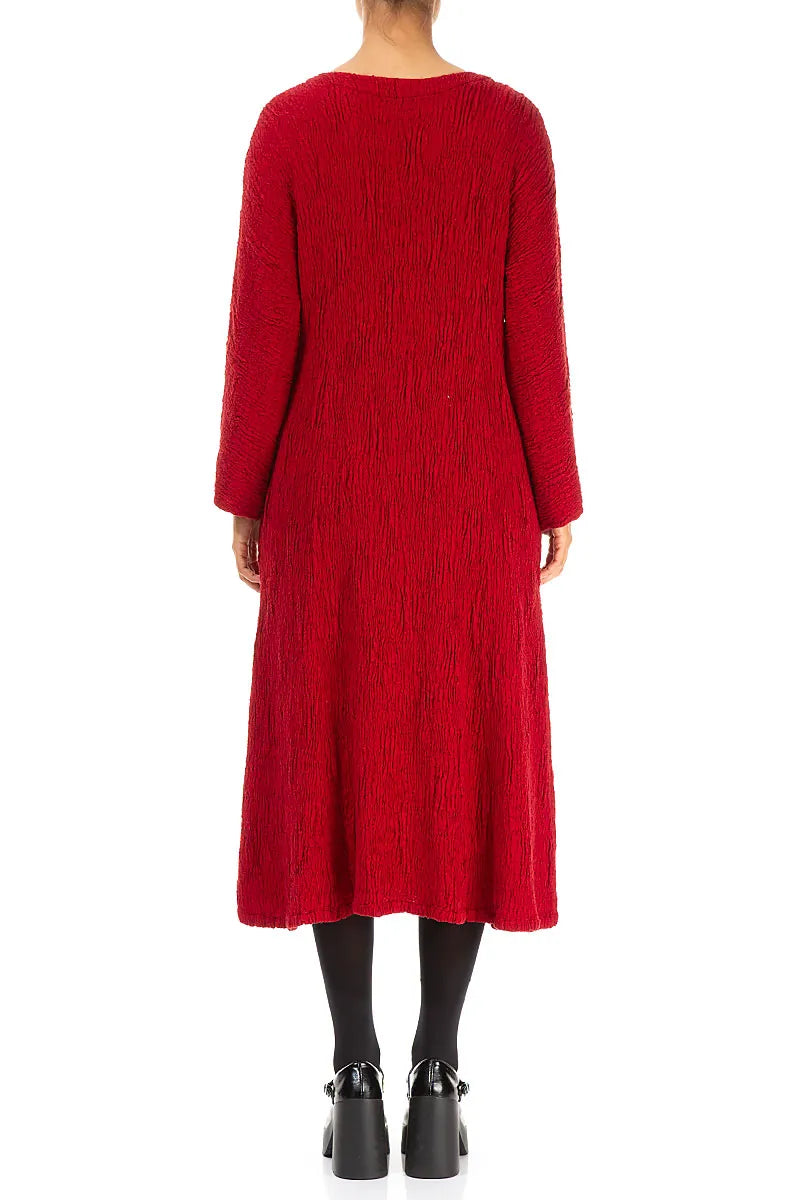Flared Cherry Red Textured Silk Linen Dress 2