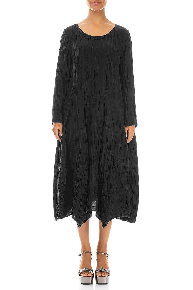 fitted lace wedding dress Flared Crinkled Black Silk Linen Dress – grizas.com