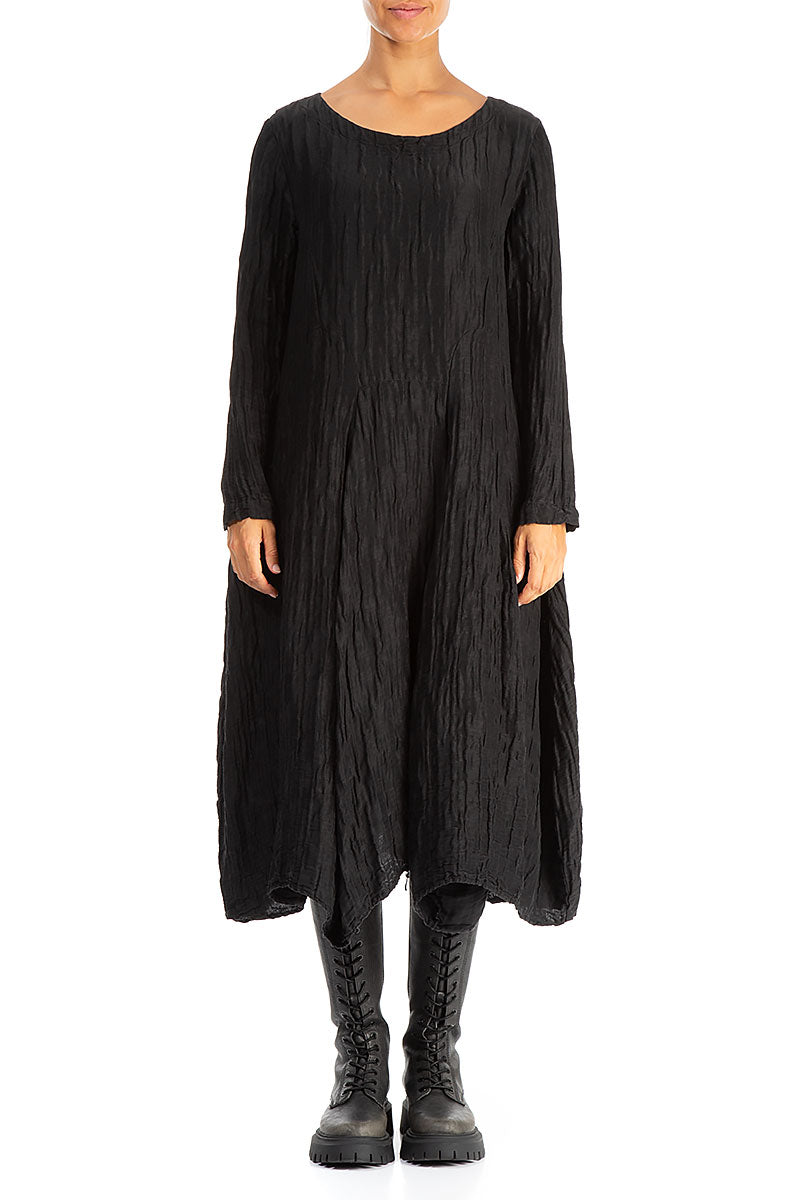 Flared Crinkled Black Silk Linen Dress 1
