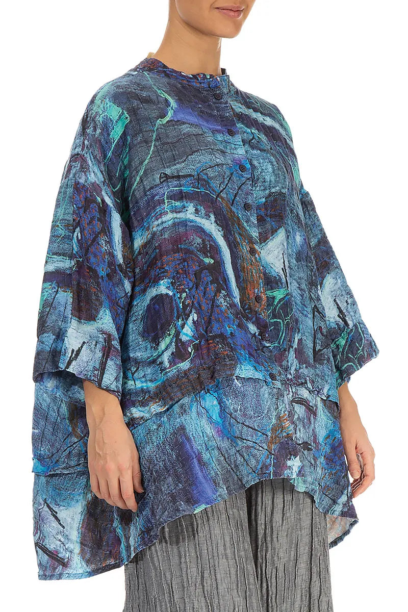 Flared Crinkled Blue Reverie Silk Shirt 4