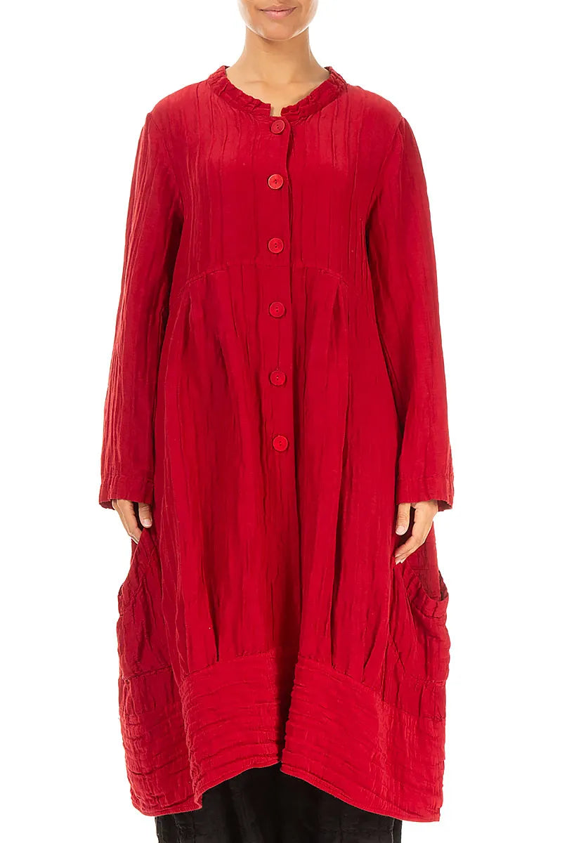 Flared Crinkled Cherry Red Silk Linen Jacket 1