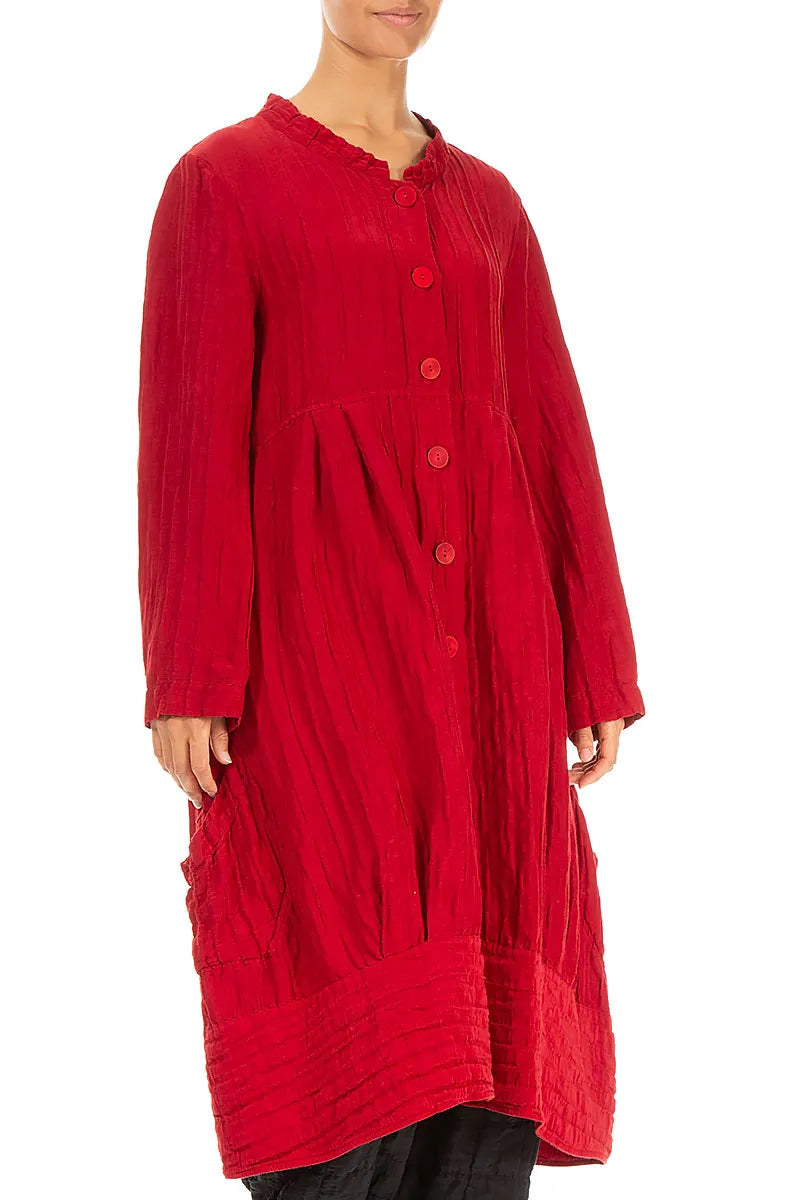 Flared Crinkled Cherry Red Silk Linen Jacket 3