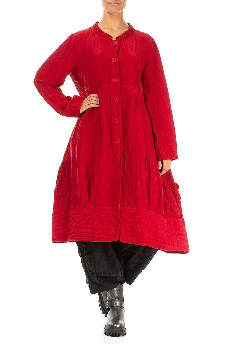 Flared Crinkled Cherry Red Silk Linen Jacket 4