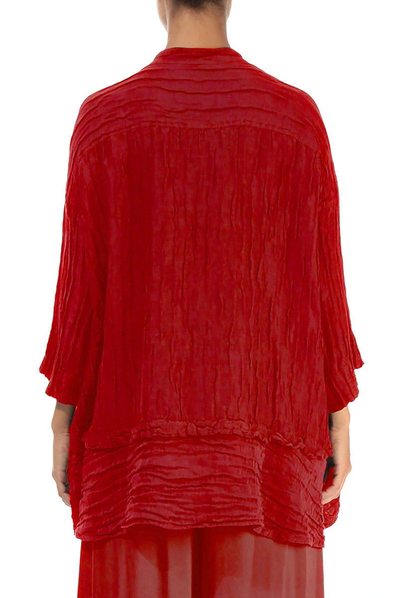 Chemise évasée en soie rouge cerise froissée